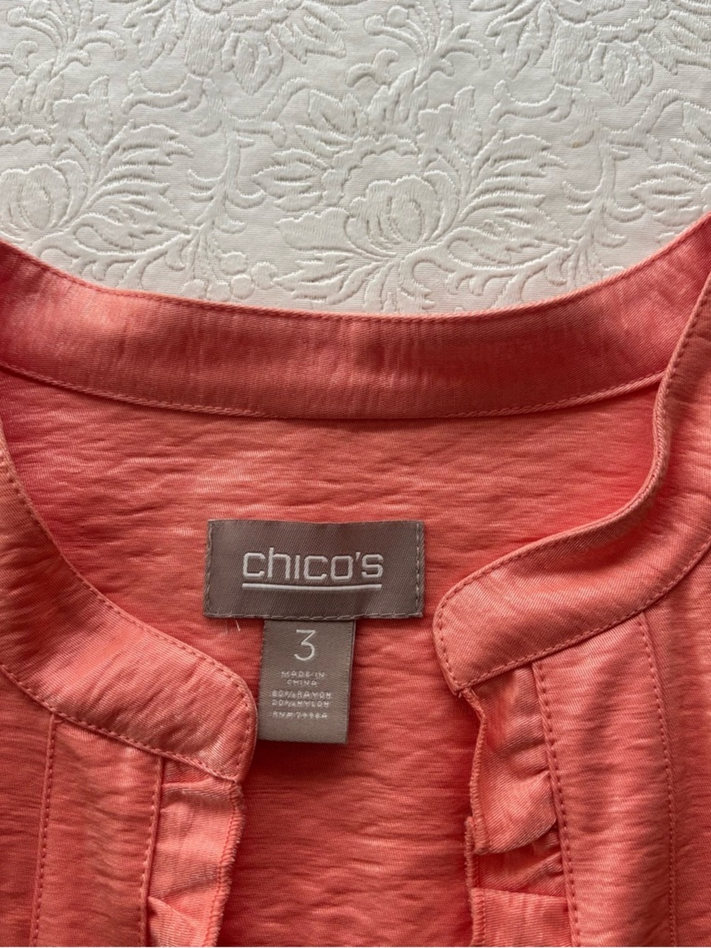 ❤️2/$15 or 3/$2Chico’s Coral Pink Ruffled Front Jacket, Size 3/Women’s XL - Picture 9 of 11